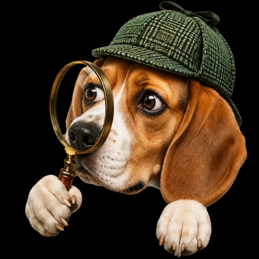 Il beagle mascotte di Trend Finders, con cappello da detective e lente d’ingrandimento
